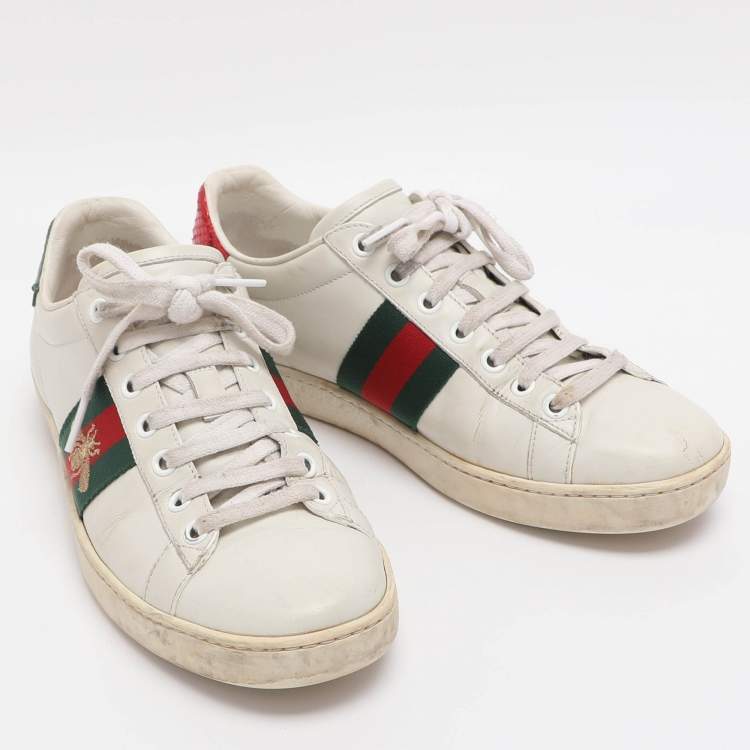 Pre Owned Gucci Ace Size 37 White Leather and Python Embossed Leather Low Top Sneakers