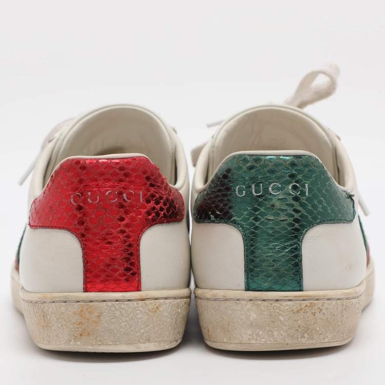 Pre Owned Gucci Ace Size 37 White Leather and Python Embossed Leather Low Top Sneakers