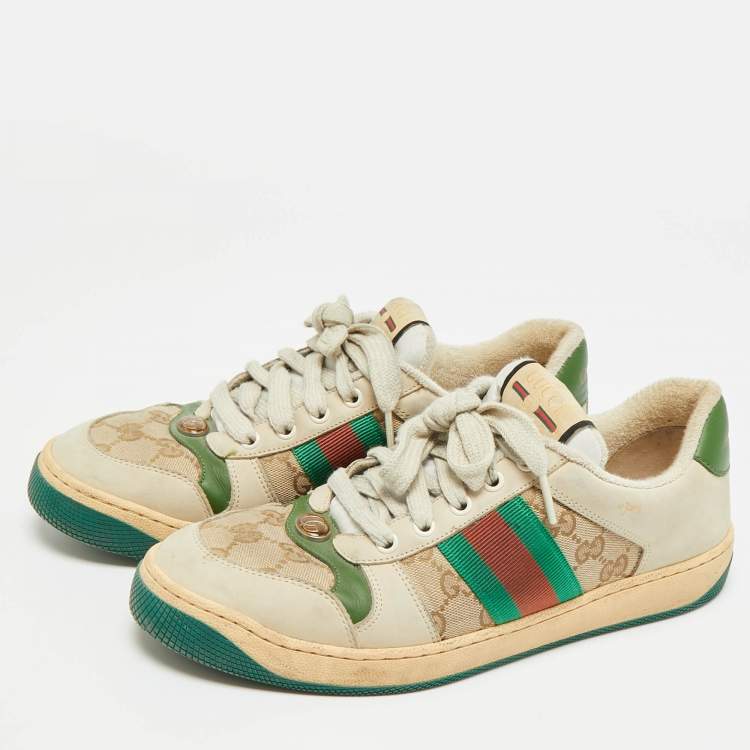 Pre Owned Gucci Screener Size 39 Beige/Green GG Canvas and Nubuck Leather Lace Up Sneakers