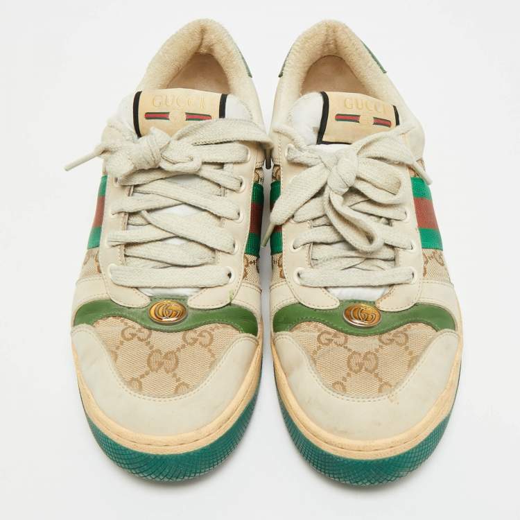 Pre Owned Gucci Screener Size 39 Beige/Green GG Canvas and Nubuck Leather Lace Up Sneakers