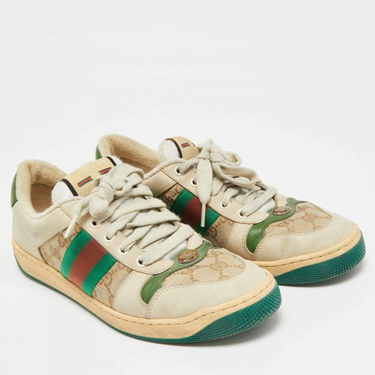 Pre Owned Gucci Screener Size 39 Beige/Green GG Canvas and Nubuck Leather Lace Up Sneakers