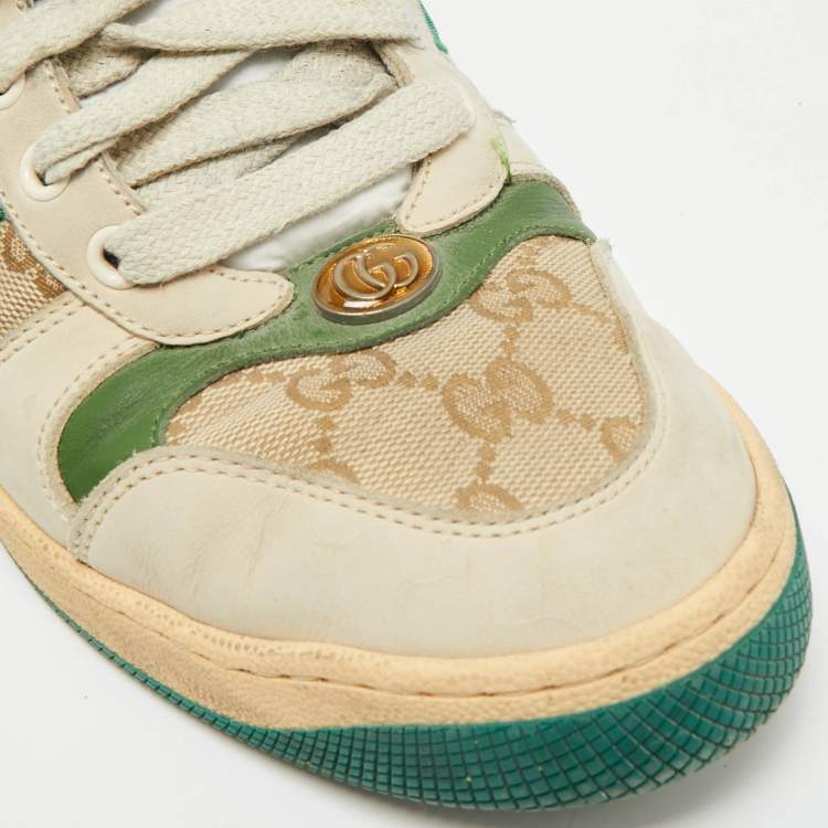 Pre Owned Gucci Screener Size 39 Beige/Green GG Canvas and Nubuck Leather Lace Up Sneakers