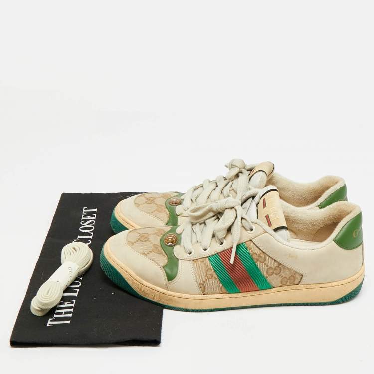 Pre Owned Gucci Screener Size 39 Beige/Green GG Canvas and Nubuck Leather Lace Up Sneakers
