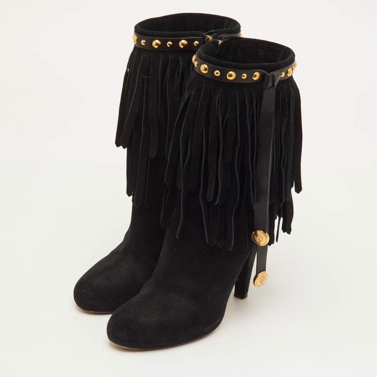 Pre Owned Gucci Size 37 Black Suede Studded Fringe Mid Calf Boots