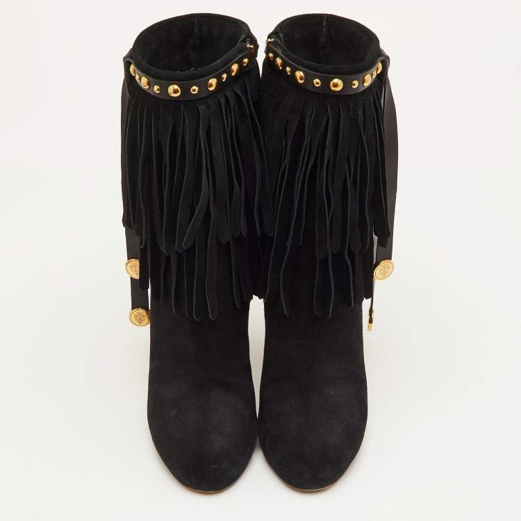 Pre Owned Gucci Size 37 Black Suede Studded Fringe Mid Calf Boots