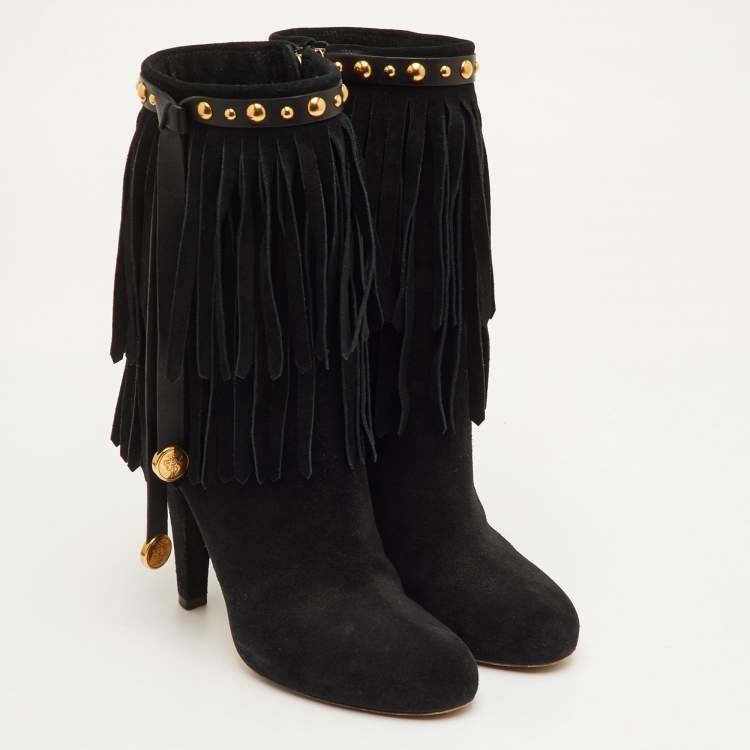 Pre Owned Gucci Size 37 Black Suede Studded Fringe Mid Calf Boots