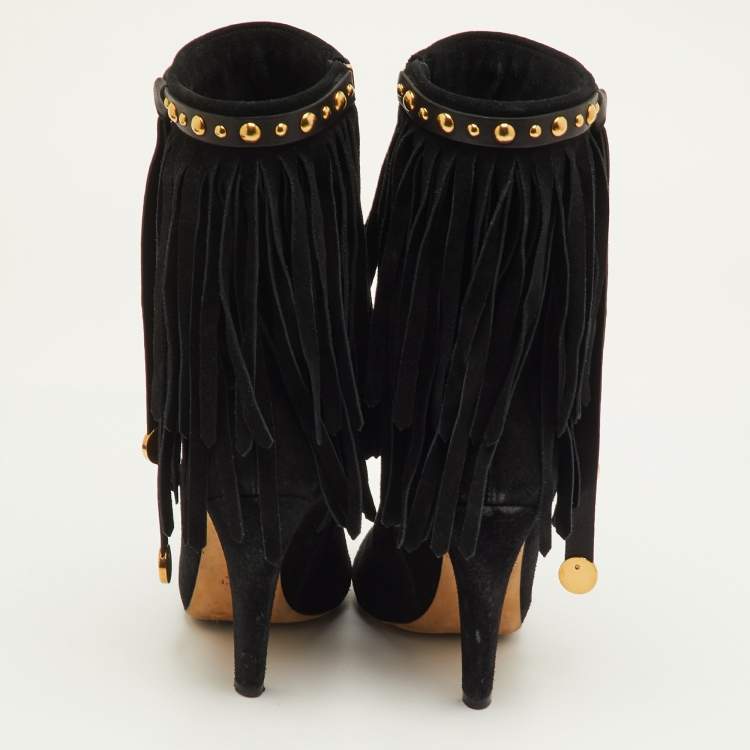 Pre Owned Gucci Size 37 Black Suede Studded Fringe Mid Calf Boots
