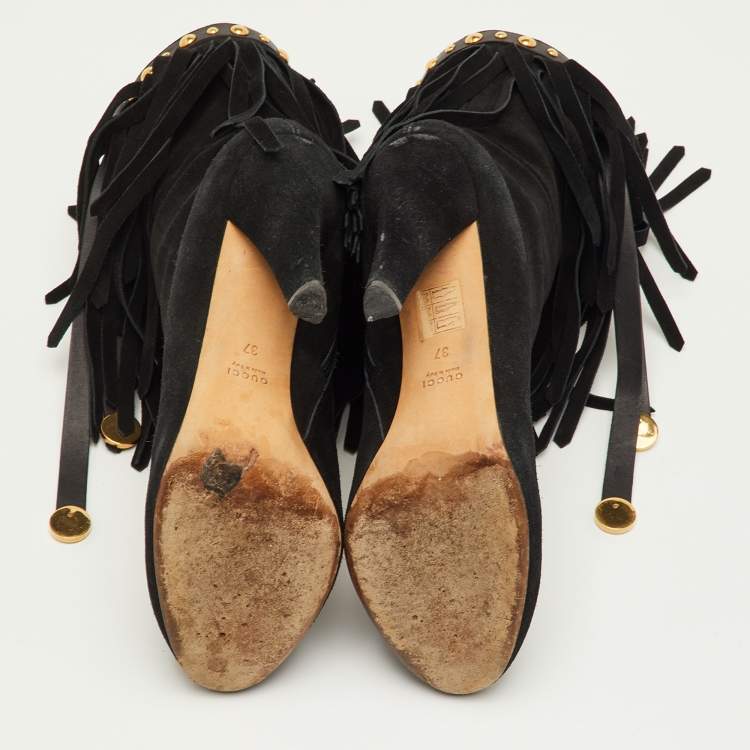 Pre Owned Gucci Size 37 Black Suede Studded Fringe Mid Calf Boots