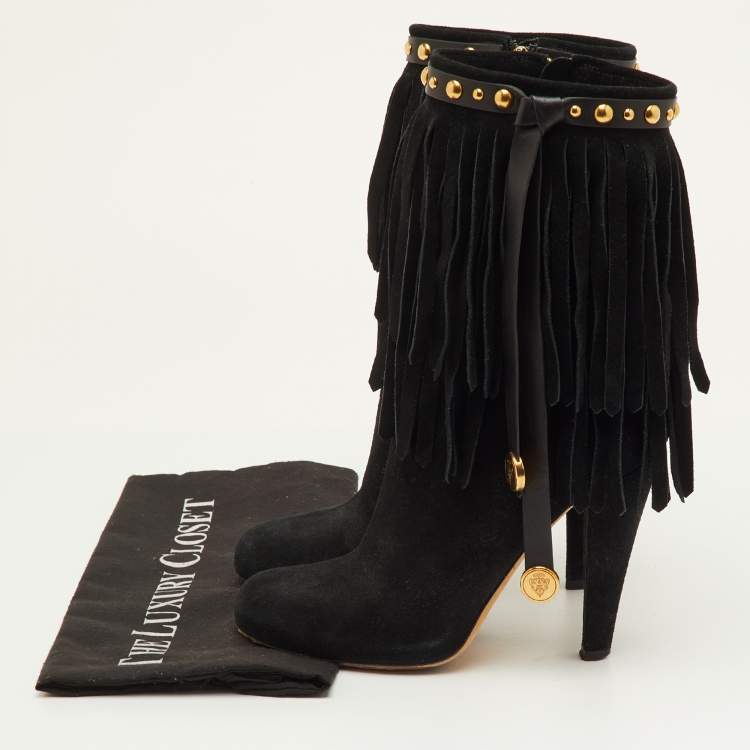 Pre Owned Gucci Size 37 Black Suede Studded Fringe Mid Calf Boots
