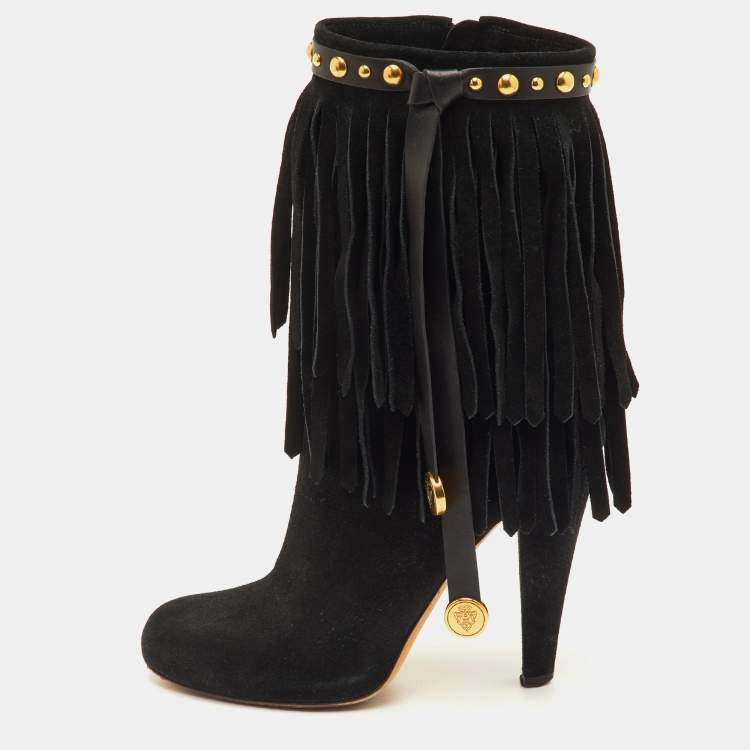 Pre Owned Gucci Size 37 Black Suede Studded Fringe Mid Calf Boots