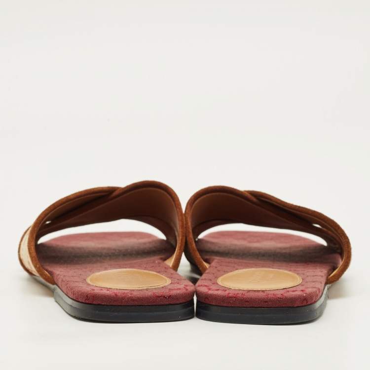 مملوكة مسبقًا Gucci GG Size 38 Beige/Brown Canvas and Suede Criss Cross  Flat Slide
