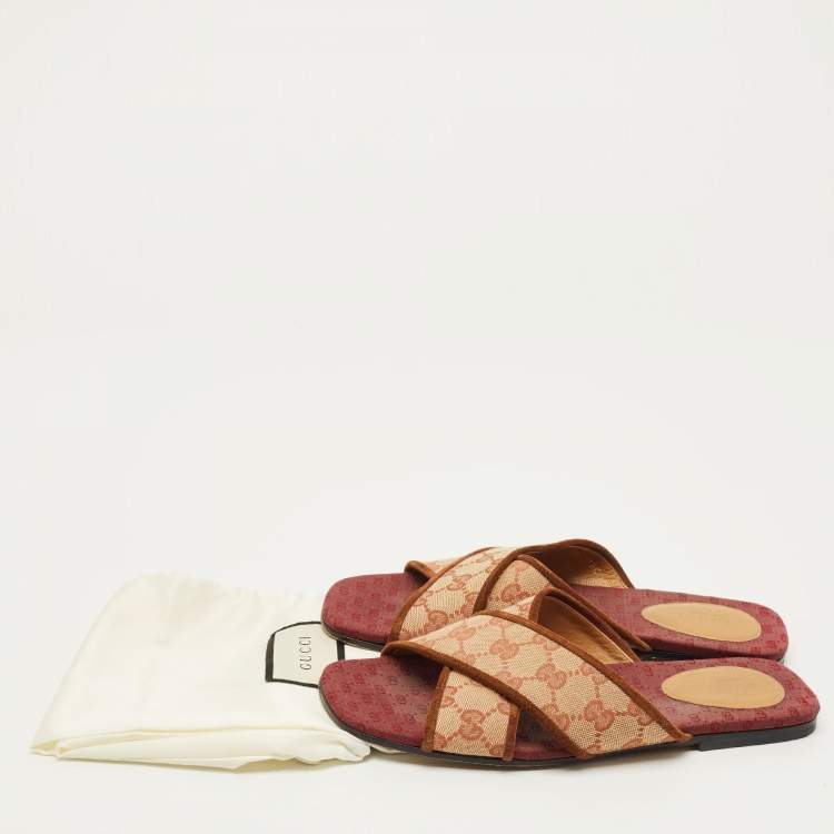 مملوكة مسبقًا Gucci GG Size 38 Beige/Brown Canvas and Suede Criss Cross  Flat Slide