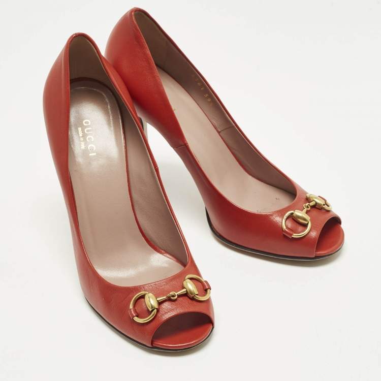 Pre Owned Gucci Horsebit Size 39.5 Orange Leather Peep Toe Pumps