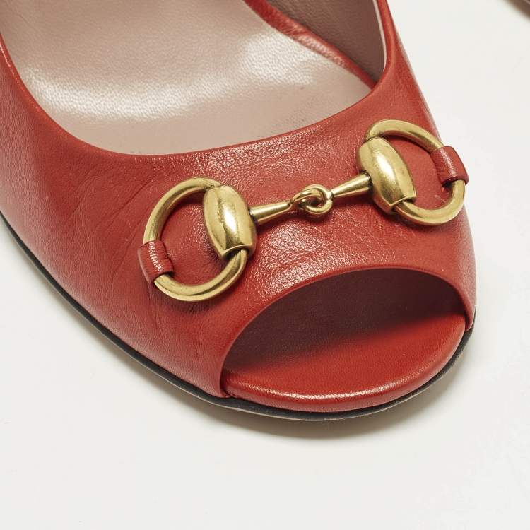 Pre Owned Gucci Horsebit Size 39.5 Orange Leather Peep Toe Pumps