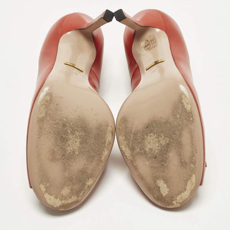 Pre Owned Gucci Horsebit Size 39.5 Orange Leather Peep Toe Pumps