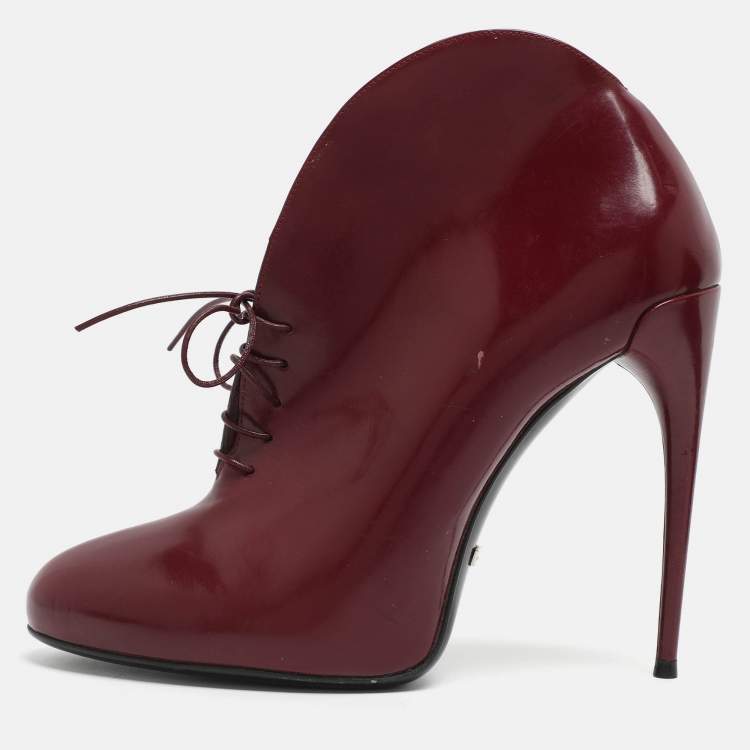 Pre Owned Gucci Kim Size 38.5 Burgundy Leather Lace Up Ankle Boots