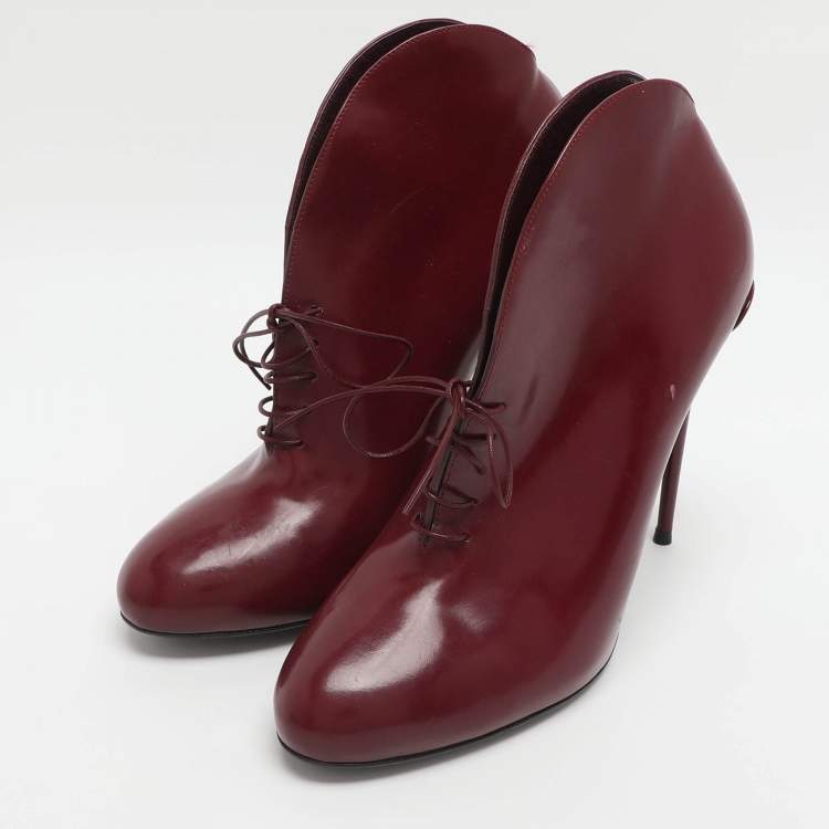 Pre Owned Gucci Kim Size 38.5 Burgundy Leather Lace Up Ankle Boots