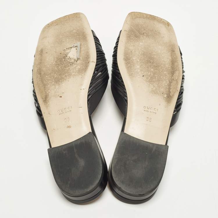 Pre Owned Gucci Size 38 Black Leather knot Detail Flat Slide