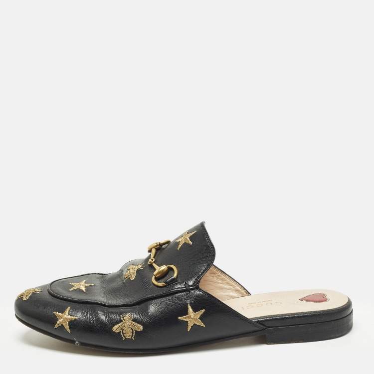 Pre Owned Gucci Princetown Size 37 Black Leather Bee Star Embroidered Flat Mules
