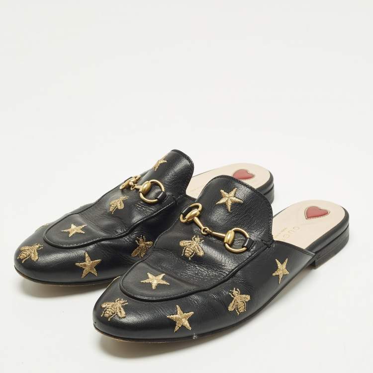 Pre Owned Gucci Princetown Size 37 Black Leather Bee Star Embroidered Flat Mules