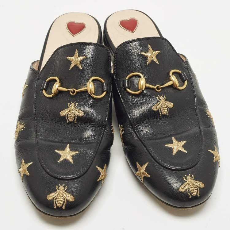 Pre Owned Gucci Princetown Size 37 Black Leather Bee Star Embroidered Flat Mules