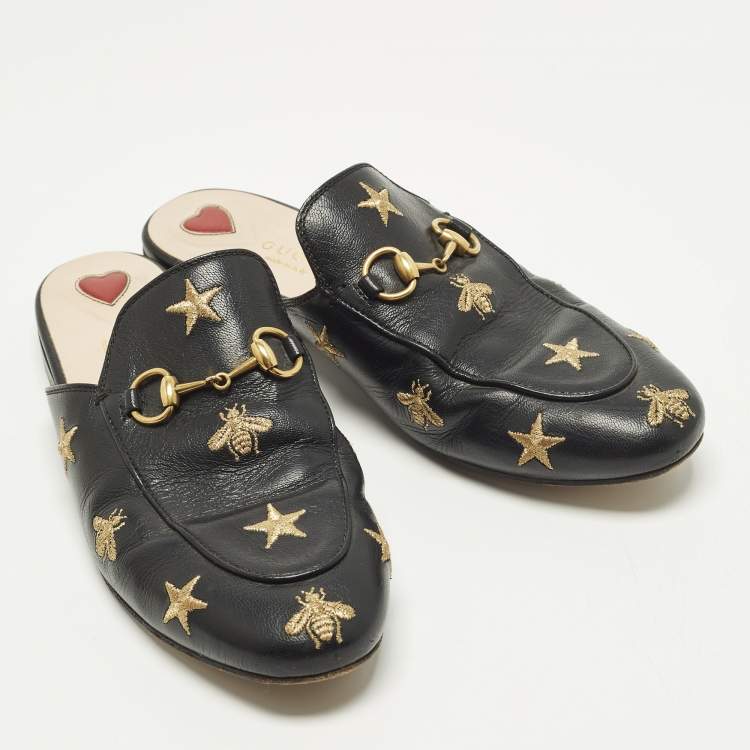 Pre Owned Gucci Princetown Size 37 Black Leather Bee Star Embroidered Flat Mules