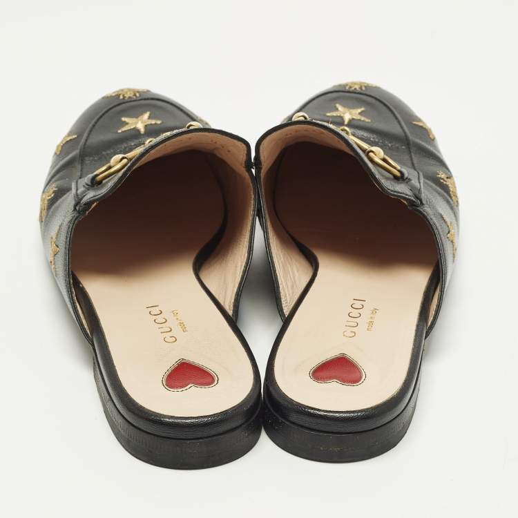 Pre Owned Gucci Princetown Size 37 Black Leather Bee Star Embroidered Flat Mules