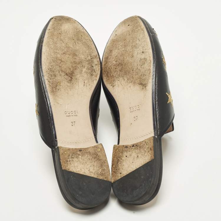 Pre Owned Gucci Princetown Size 37 Black Leather Bee Star Embroidered Flat Mules