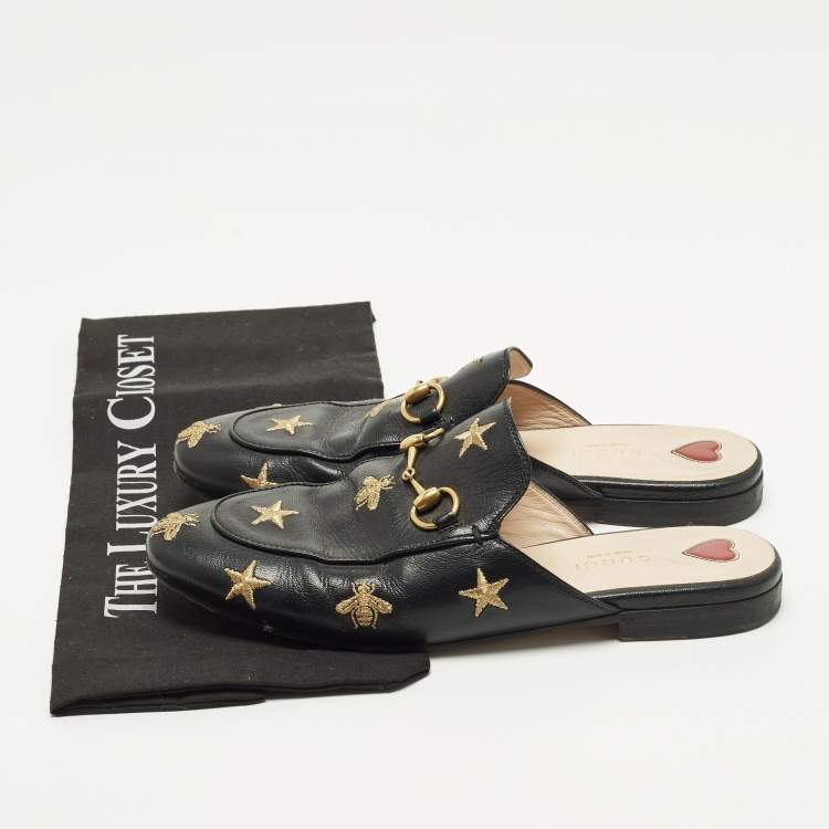 Pre Owned Gucci Princetown Size 37 Black Leather Bee Star Embroidered Flat Mules