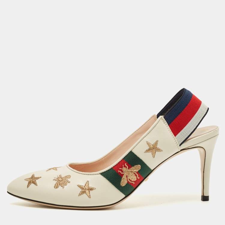 Pre Owned Gucci Sylvie Star Bee Size 38 White Leather Slingback Pumps