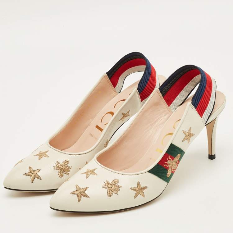 Pre Owned Gucci Sylvie Star Bee Size 38 White Leather Slingback Pumps