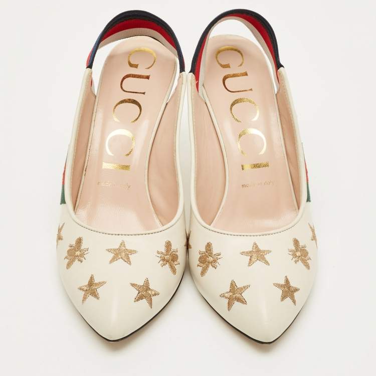 Pre Owned Gucci Sylvie Star Bee Size 38 White Leather Slingback Pumps