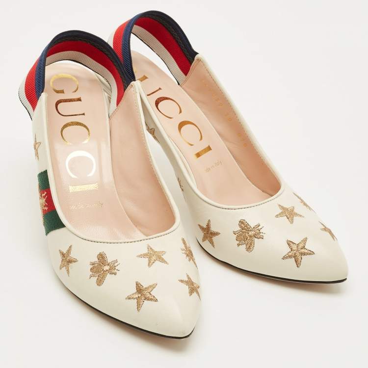 Pre Owned Gucci Sylvie Star Bee Size 38 White Leather Slingback Pumps