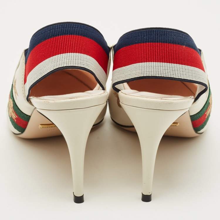 Pre Owned Gucci Sylvie Star Bee Size 38 White Leather Slingback Pumps