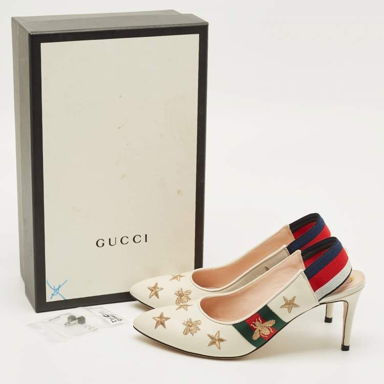 Pre Owned Gucci Sylvie Star Bee Size 38 White Leather Slingback Pumps