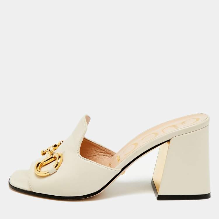 Pre Owned Gucci Horsebit Size 37.5 Cream Leather Block Heel Slide Sandals