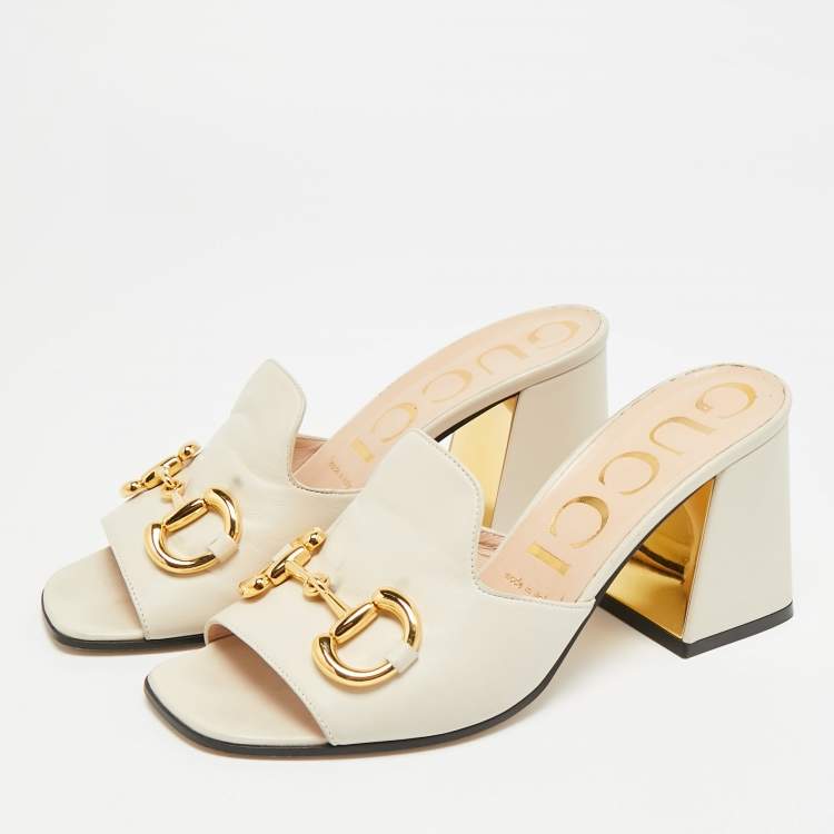Pre Owned Gucci Horsebit Size 37.5 Cream Leather Block Heel Slide Sandals