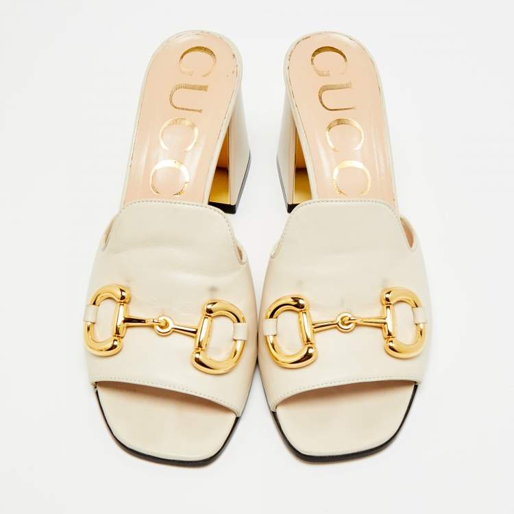 Pre Owned Gucci Horsebit Size 37.5 Cream Leather Block Heel Slide Sandals