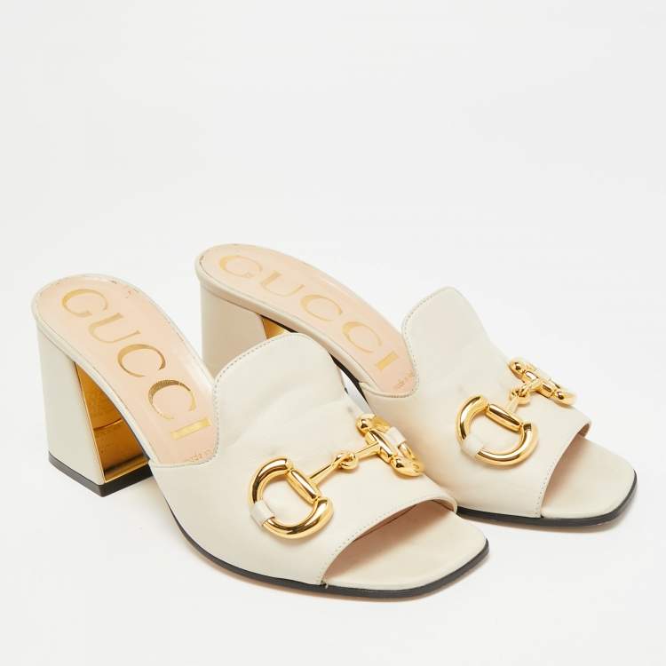 Pre Owned Gucci Horsebit Size 37.5 Cream Leather Block Heel Slide Sandals