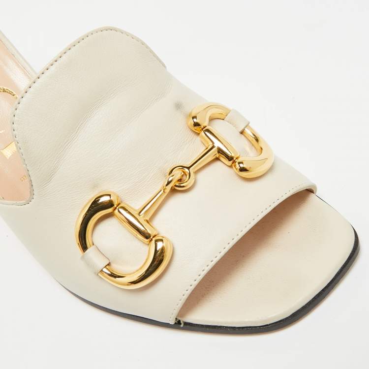 Pre Owned Gucci Horsebit Size 37.5 Cream Leather Block Heel Slide Sandals