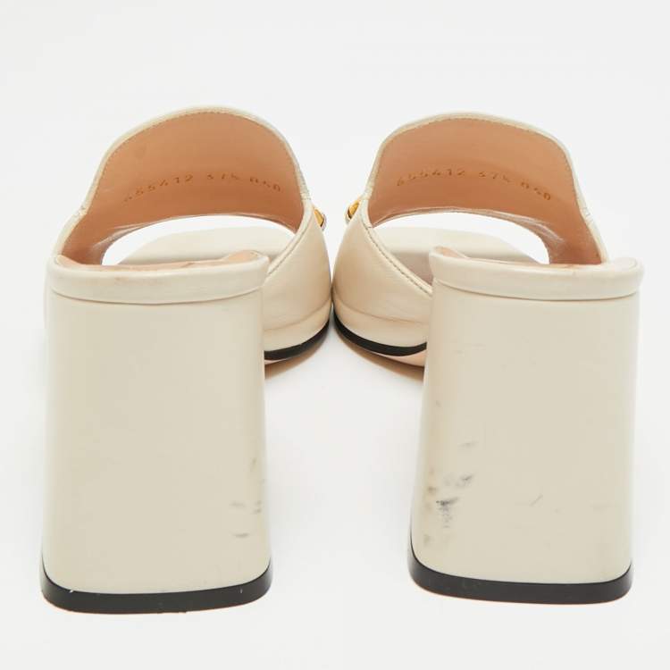 Pre Owned Gucci Horsebit Size 37.5 Cream Leather Block Heel Slide Sandals