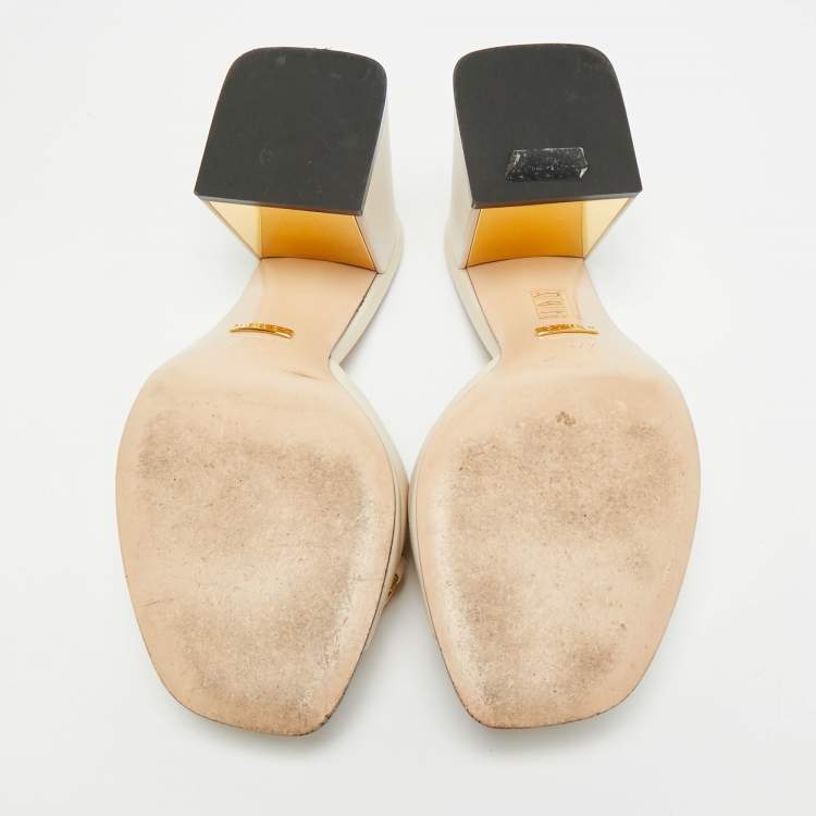 Pre Owned Gucci Horsebit Size 37.5 Cream Leather Block Heel Slide Sandals