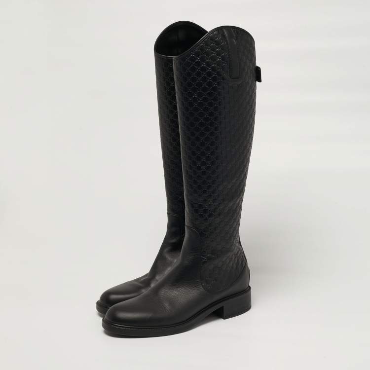 Pre Owned Gucci Horsebit Size 39 Black Micro Guccissima Leather Knee Length Boots        