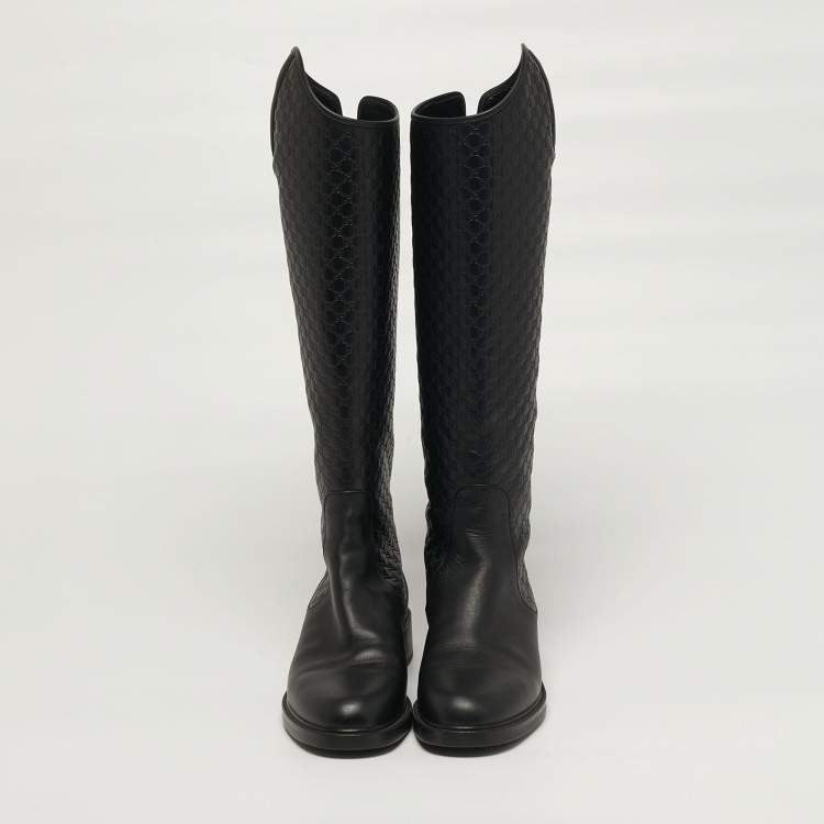 Pre Owned Gucci Horsebit Size 39 Black Micro Guccissima Leather Knee Length Boots        
