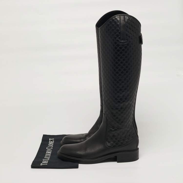 Pre Owned Gucci Horsebit Size 39 Black Micro Guccissima Leather Knee Length Boots        