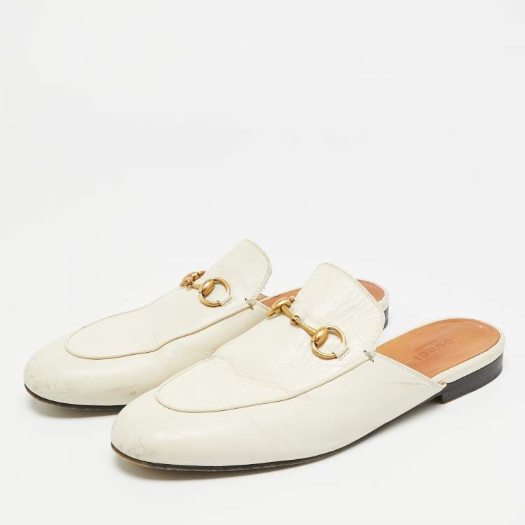 Pre Owned Gucci Princetown Size 37.5 White Leather Flat Mules