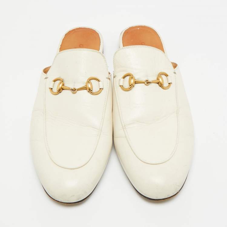 Pre Owned Gucci Princetown Size 37.5 White Leather Flat Mules