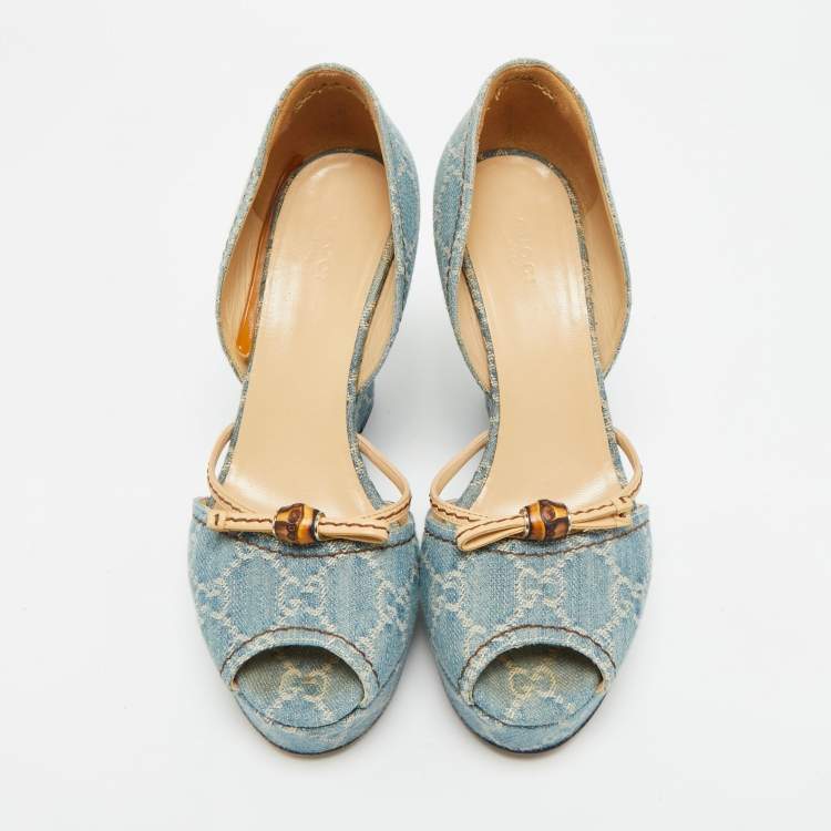 Pre Owned Gucci GG Size 38.5 Blue Bamboo Peep Toe Wedge Pumps