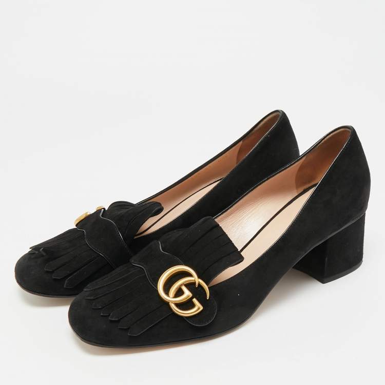 Pre Owned Gucci GG Marmont Size 41 Black Suede Block Heel Pumps