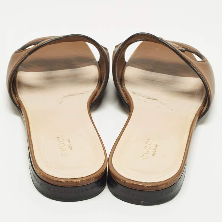 Pre Owned Gucci Slides Size 38.5 Pale Brown Leather Interlocking G Flat Slides